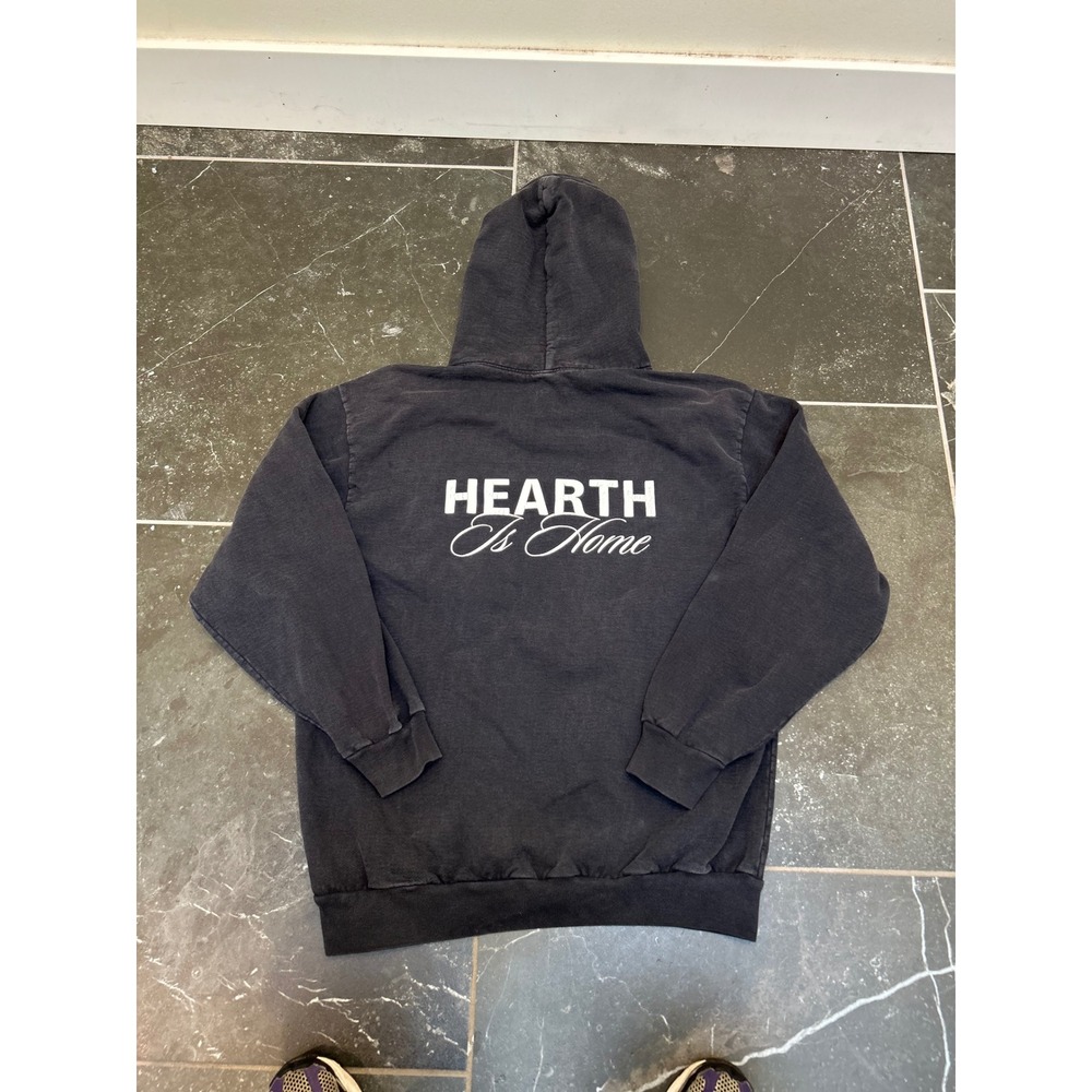Hearth Is Home Mens Hoodie Faded Black Graphic Heavy Cotton Sweatshirt L Large